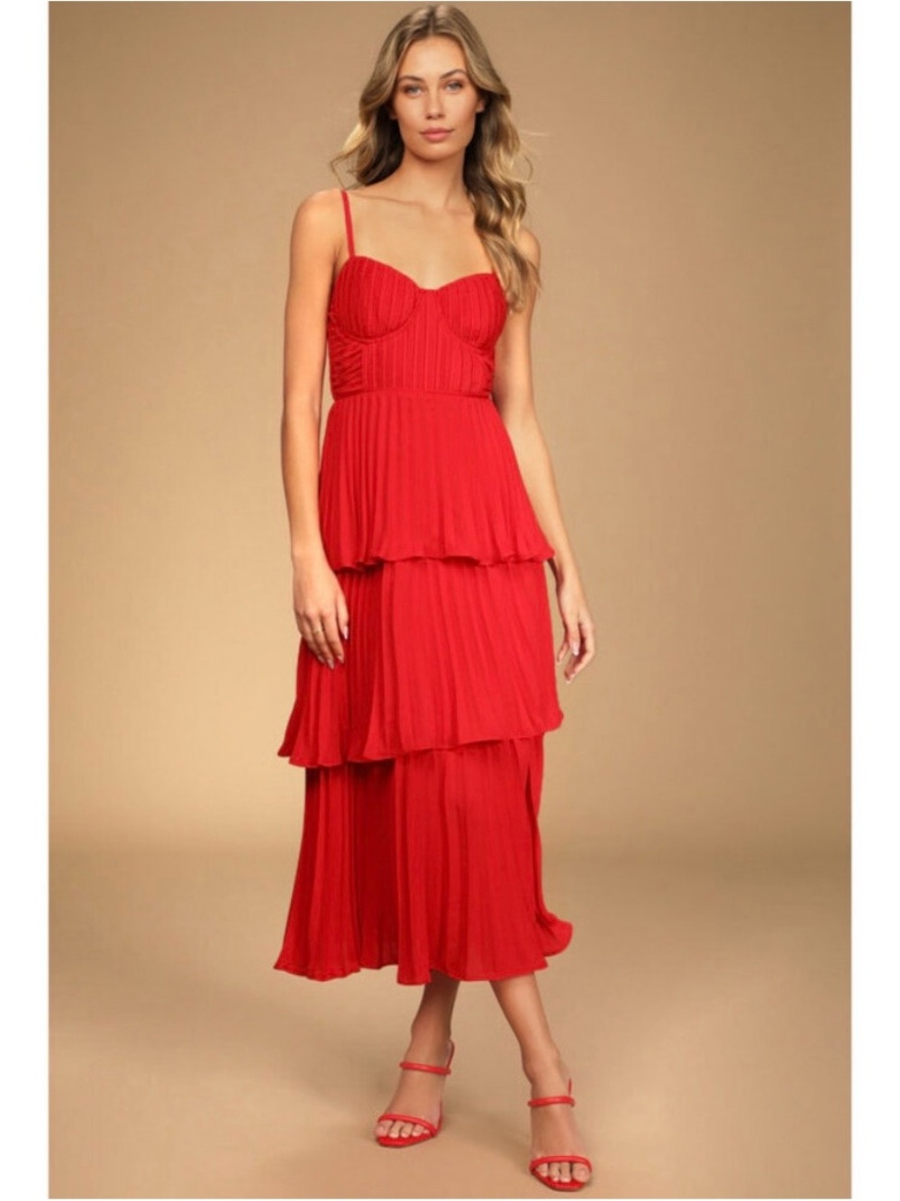 Lulu's Red Tiered Spaghetti-Strap Midi Dress